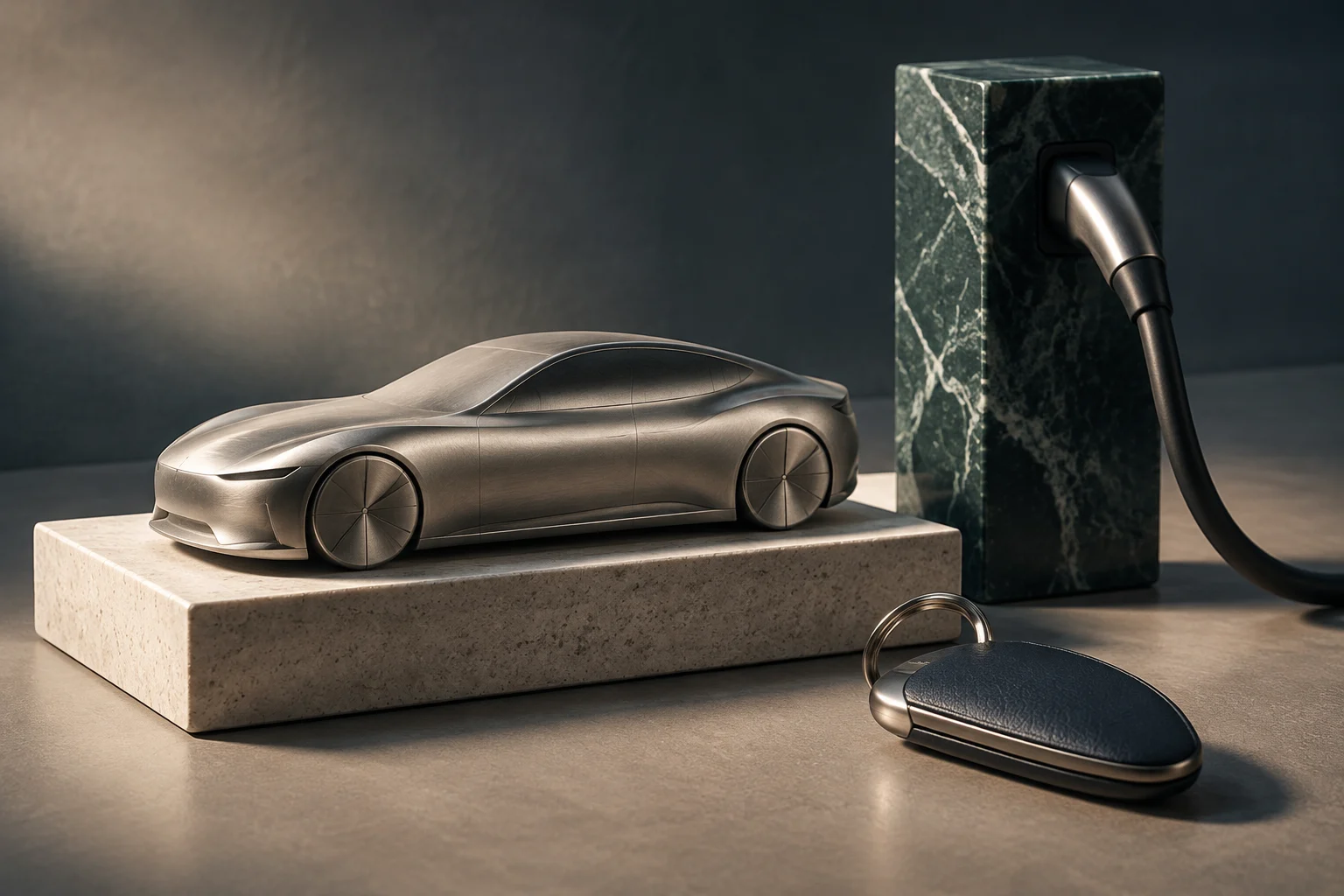 Modelo a escala de un coche eléctrico de lujo sobre un pedestal de piedra, junto a un cargador de mármol y una llave.