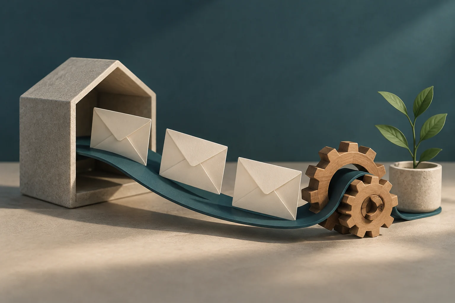 Ilustración 3D de una secuencia de tres sobres blancos sobre una cinta azul que sale de una estructura de casa de cartón, pasa por unos engranajes de madera y termina en una pequeña planta verde en una maceta.