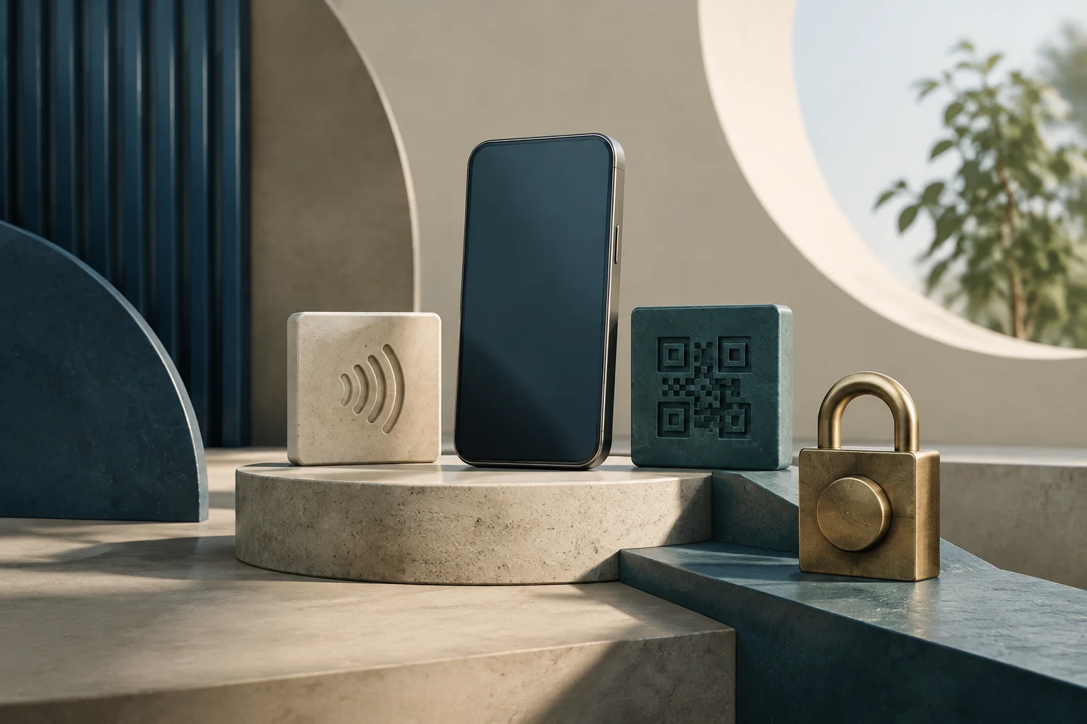 Composición 3D con un smartphone de pantalla oscura en el centro, un cubo claro con símbolo de ondas, un cubo oscuro con patrón de QR y un candado dorado, sobre plataformas de piedra con arcos y vegetación difuminada al fondo.