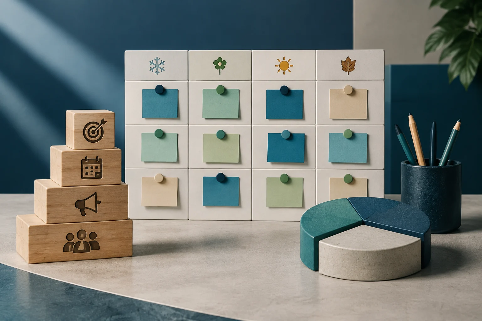 Composición conceptual sobre una mesa con un tablero de calendario de cuatro columnas con iconos de estaciones y notas de colores, una pila de bloques de madera con iconos de diana, calendario, megáfono y equipo, y una gráfica de pastel de tres dimensiones.