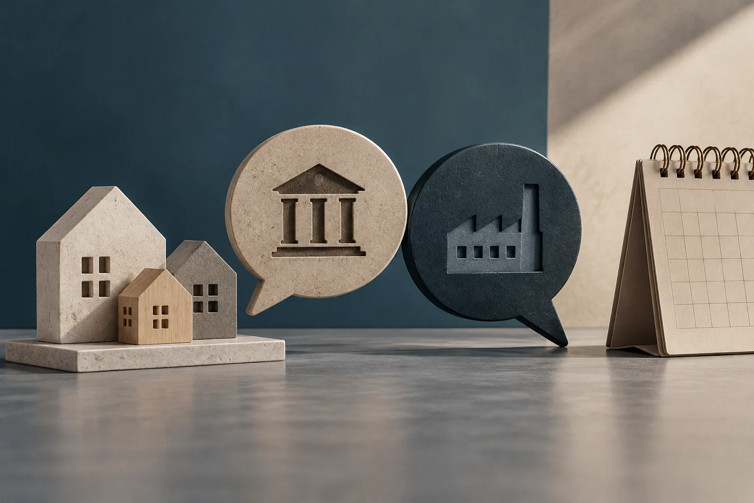 Plusieurs petites maisons côtoient deux bulles de dialogue : l’une contient un bâtiment institutionnel, l’autre une usine. Un calendrier de bureau vierge se trouve à droite.