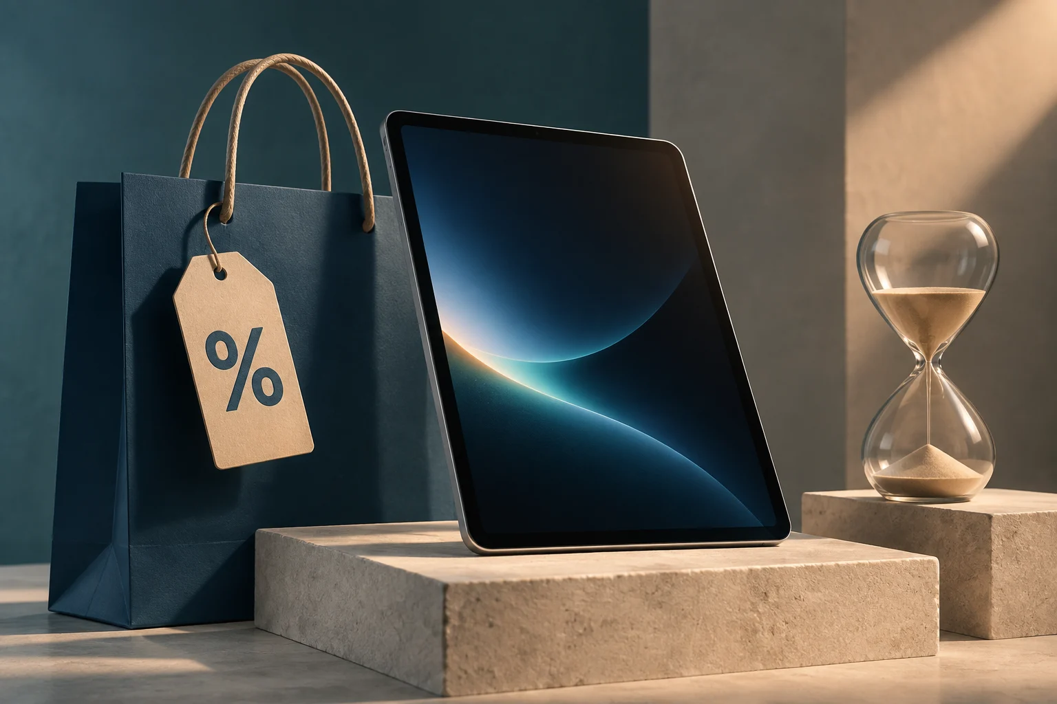 Une tablette posée sur un socle, à côté d’un sac de courses bleu portant une étiquette avec un signe de pourcentage et d’un sablier.