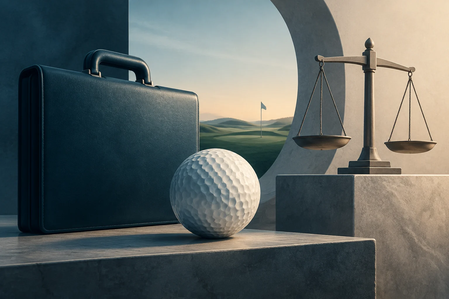 Une balle de golf et une mallette sombre se trouvent devant un parcours de golf stylisé ; à droite, une balance est posée sur un bloc de pierre.