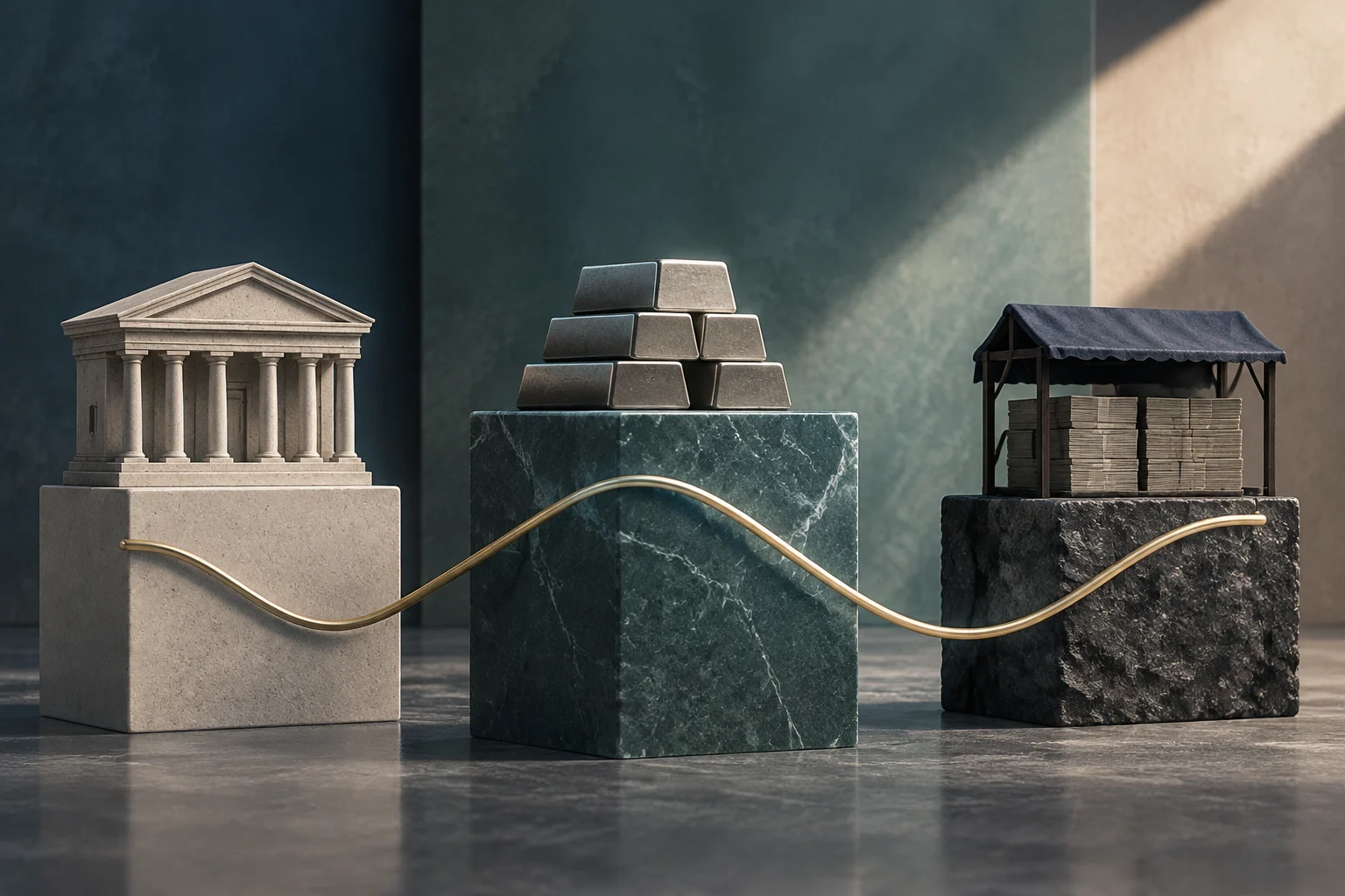 Une illustration montre un bâtiment à colonnes, plusieurs lingots et un étal couvert avec des liasses de billets, sur des socles reliés par une ligne dorée ondulée.