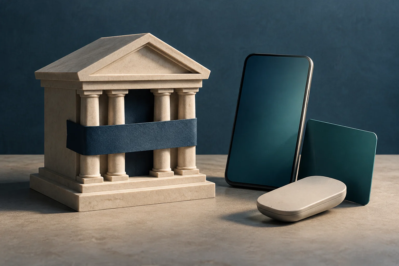 Maquette en pierre d’une banque classique, avec une bande sombre autour de ses colonnes, à côté d’un téléphone et de deux cartes sans texte.