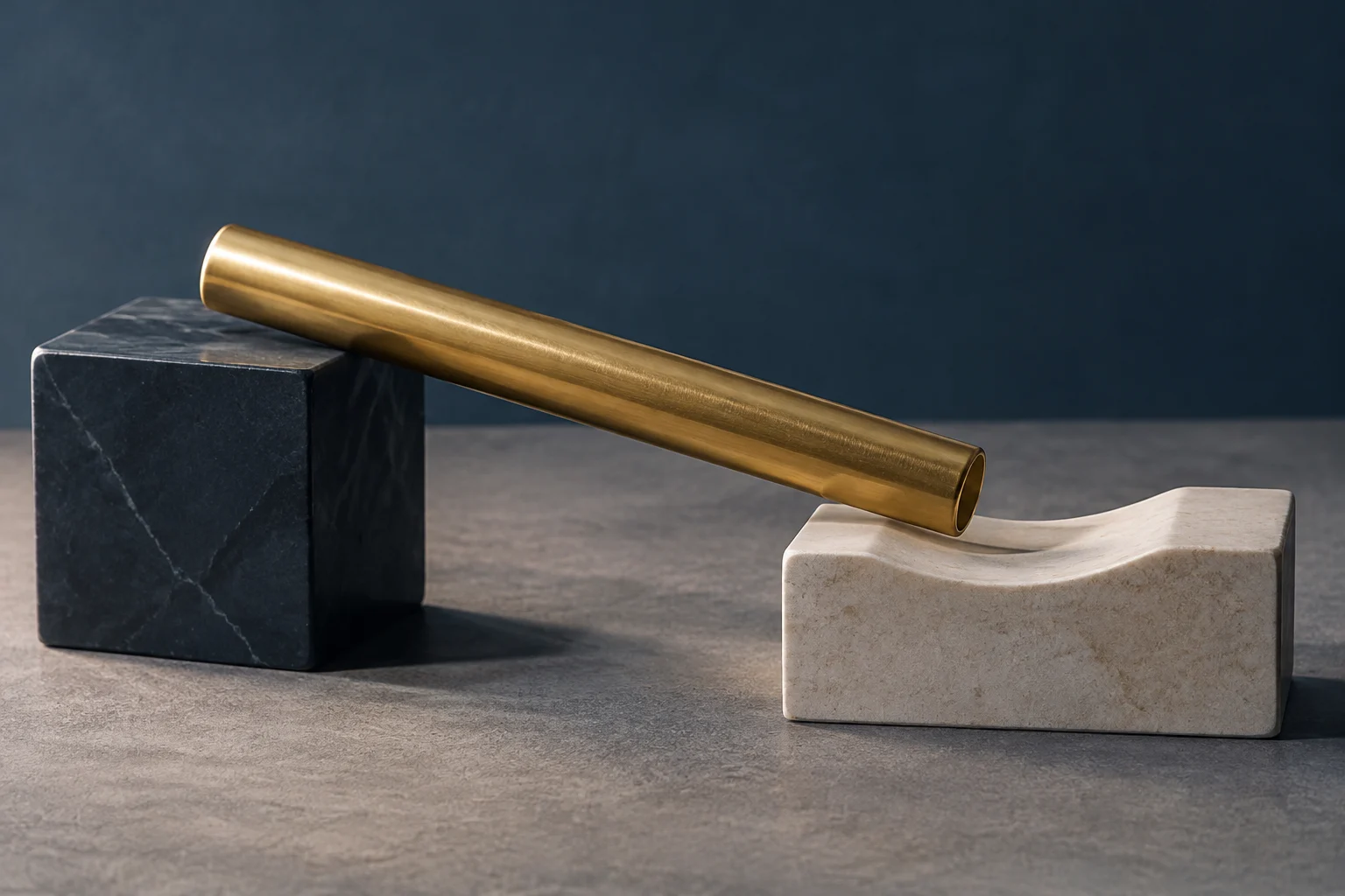 Une barre cylindrique dorée repose entre deux blocs de pierre, l’un sombre et l’autre clair, sur une surface grise.