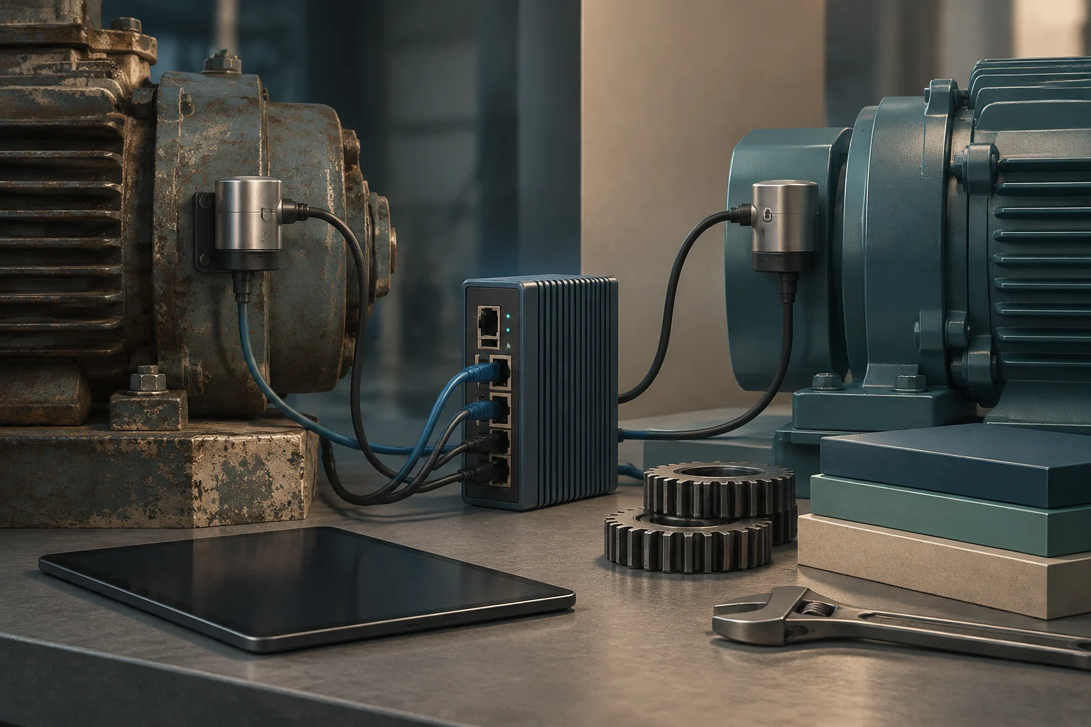 Deux moteurs industriels, l’un usé et l’autre bleu, sont équipés de capteurs reliés par des câbles à un module réseau. Une tablette, des engrenages et une clé sont posés sur l’établi.