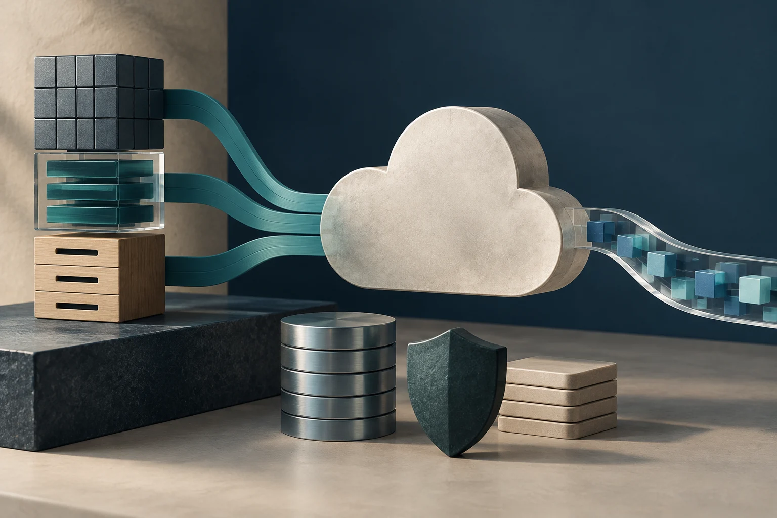 Illustration conceptuelle de plusieurs serveurs reliés à un nuage par des bandes courbes ; des blocs géométriques circulent sur un ruban transparent, près d’un cylindre métallique, d’un bouclier et de pièces empilées.