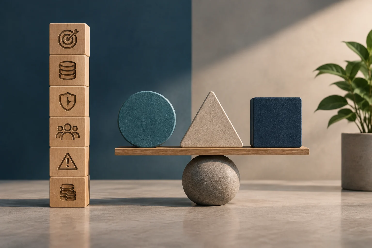 Une balance en bois porte un cercle, un triangle et un carré. À côté, une colonne de blocs en bois présente les symboles d’une cible, d’une base de données, d’un bouclier, d’un groupe de personnes, d’un panneau d’avertissement et de pièces.