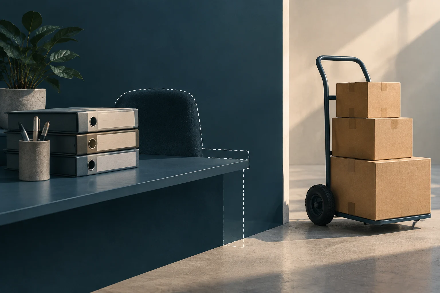 Un bureau avec des classeurs et une chaise vide délimitée par des pointillés blancs se trouve à côté d’un chariot chargé de cartons.