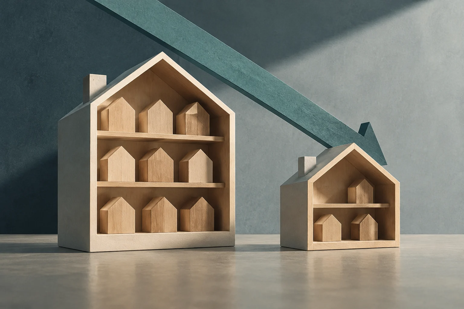 Deux structures en bois en forme de maison contiennent de petites maisons sur des étagères ; une grande flèche descend de la structure la plus grande vers la plus petite.
