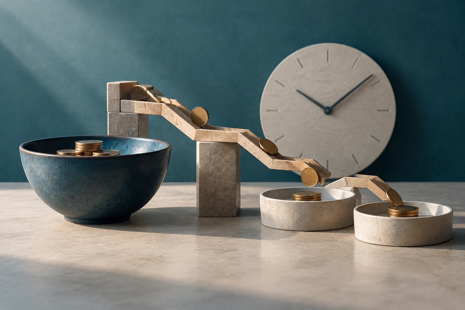 Des pièces avancent sur une structure en paliers descendante vers plusieurs bols, à côté d’une grande horloge sans chiffres.