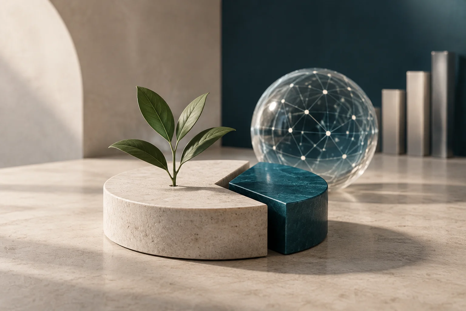 Une jeune plante pousse sur un socle clair, à côté d’une sphère transparente parcourue d’un réseau de connexions et de plusieurs formes verticales en arrière-plan.