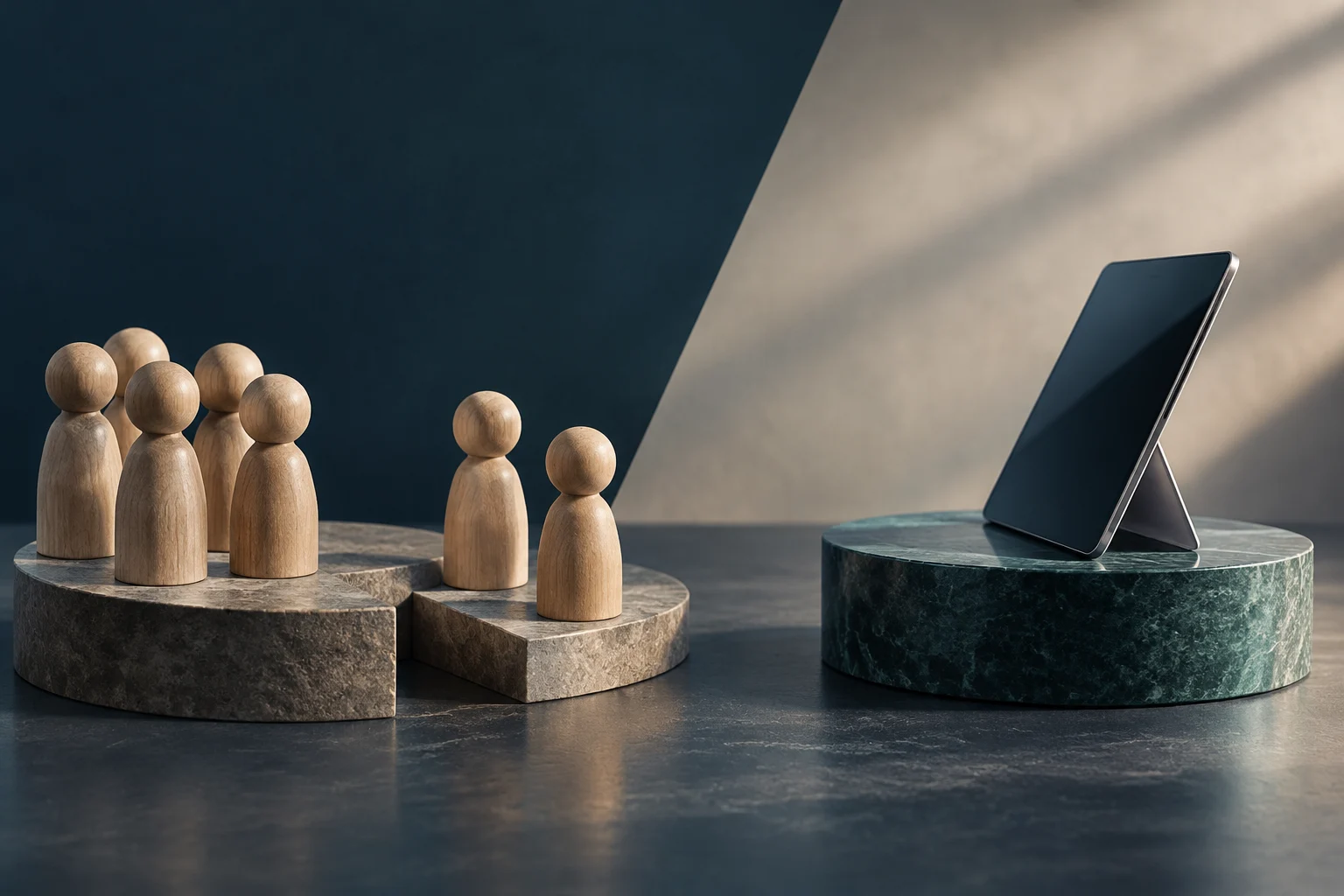Des figurines humaines en bois, certaines regroupées et d’autres à l’écart, face à une tablette posée sur un socle.