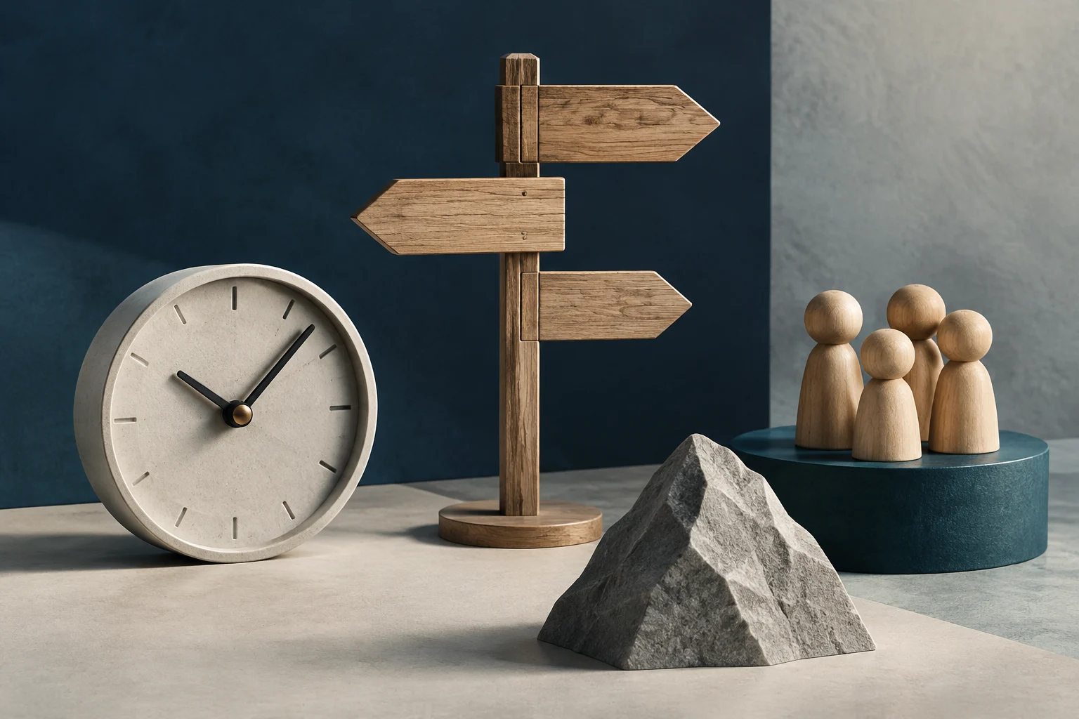 Une horloge analogique sans chiffres, un poteau avec plusieurs flèches en bois orientées dans différentes directions et quatre figurines en bois sur un socle rond ; un rocher se trouve au premier plan.