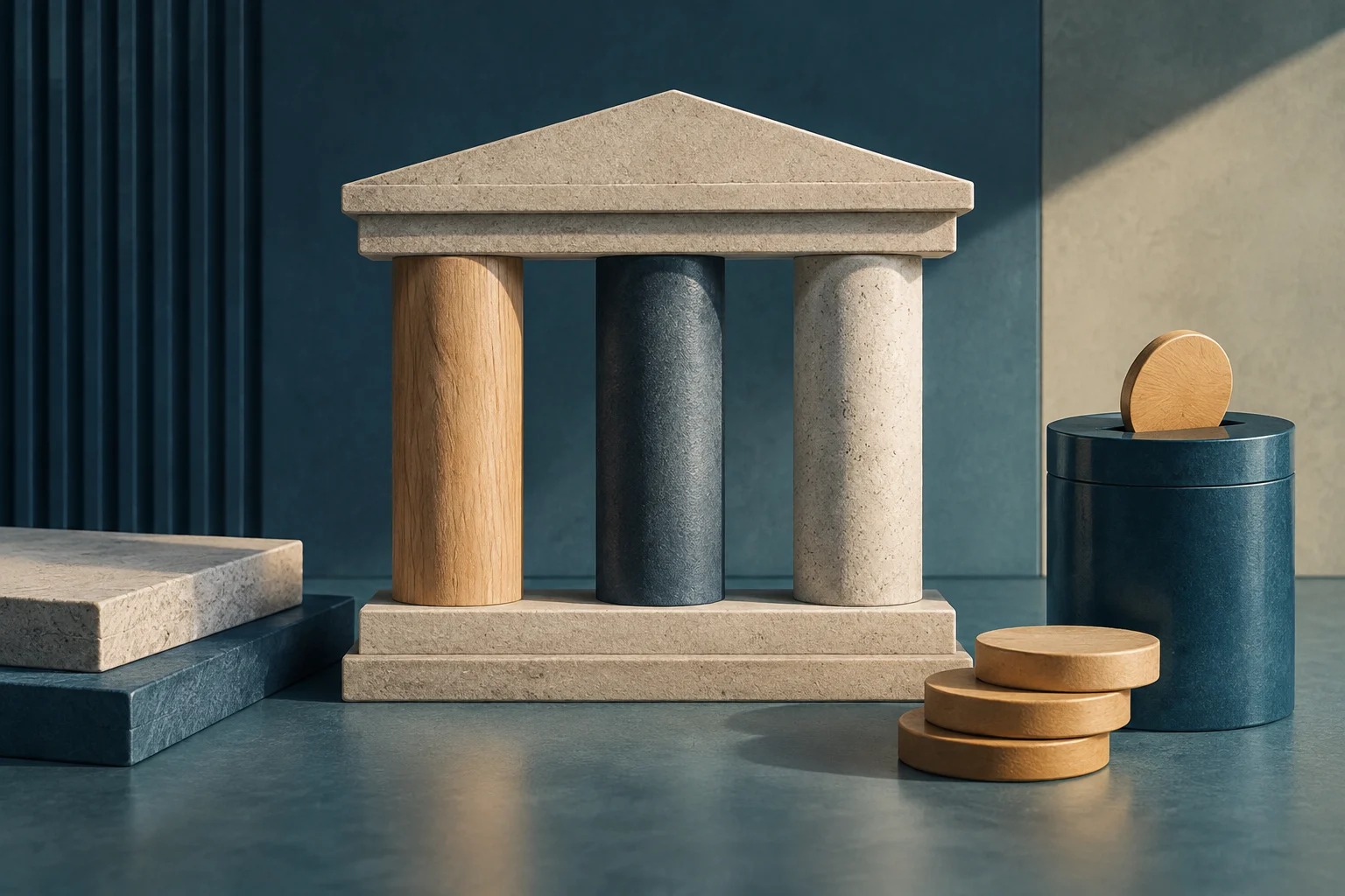 Une structure classique à trois colonnes se dresse à côté de pièces empilées et d’un récipient cylindrique dans lequel une pièce est insérée.