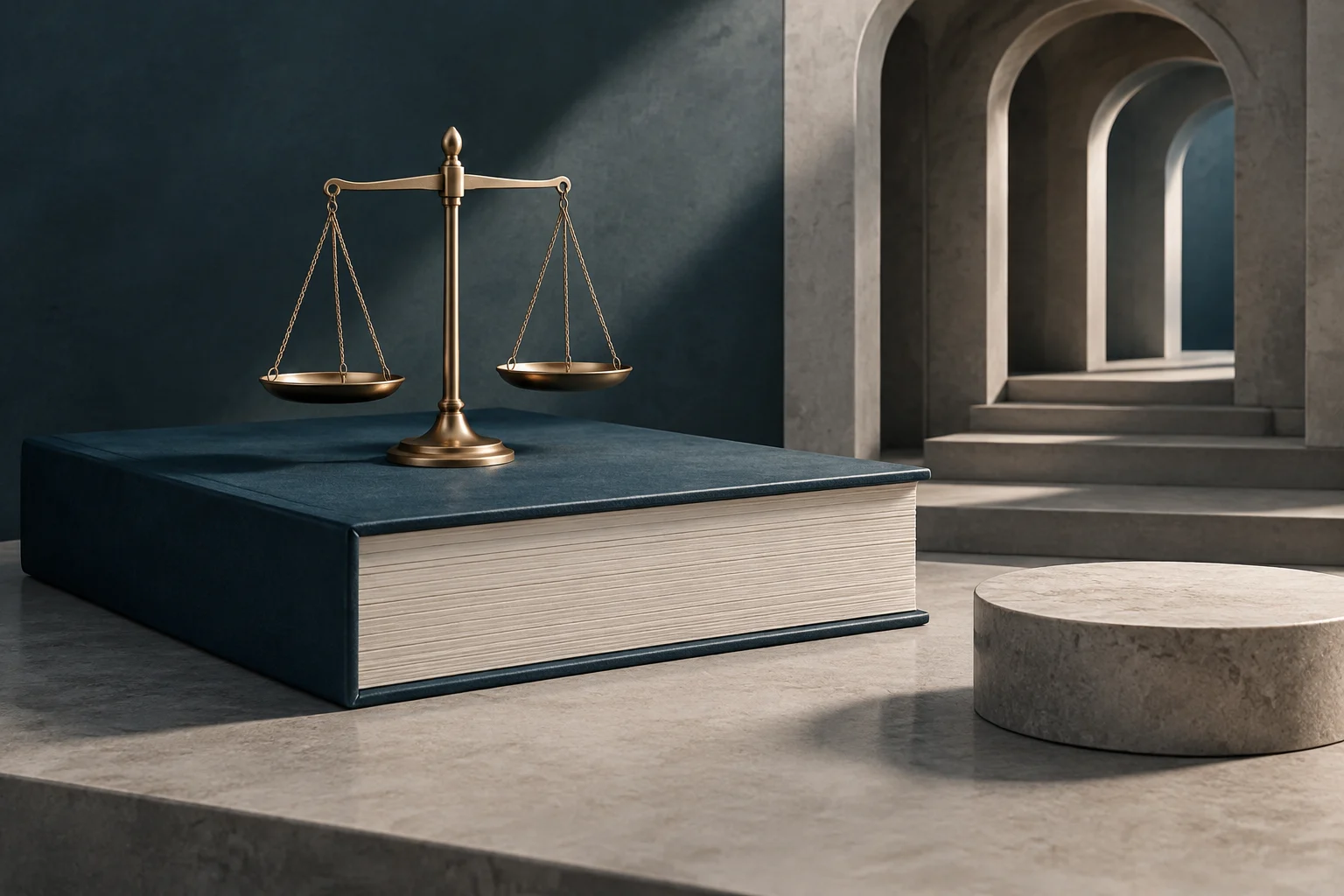 Une balance en laiton posée sur un gros livre, avec une succession d’arches en pierre à l’arrière-plan.