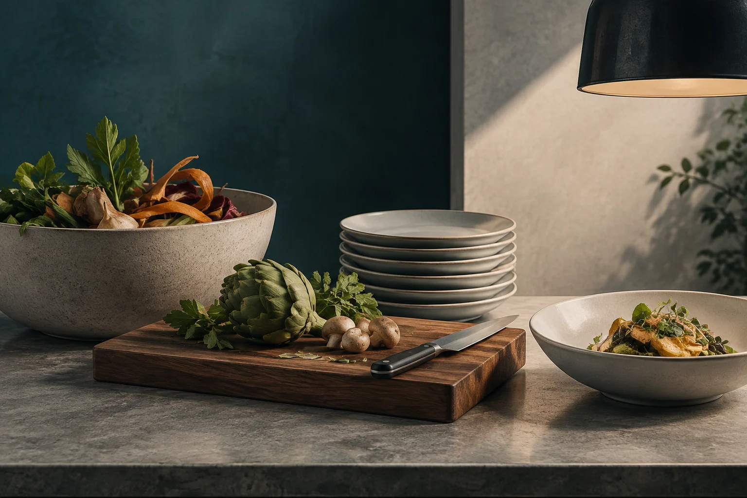 Une planche en bois avec des artichauts, des herbes, des champignons et un couteau ; à côté, un bol de déchets végétaux, une pile d’assiettes et un plat préparé.
