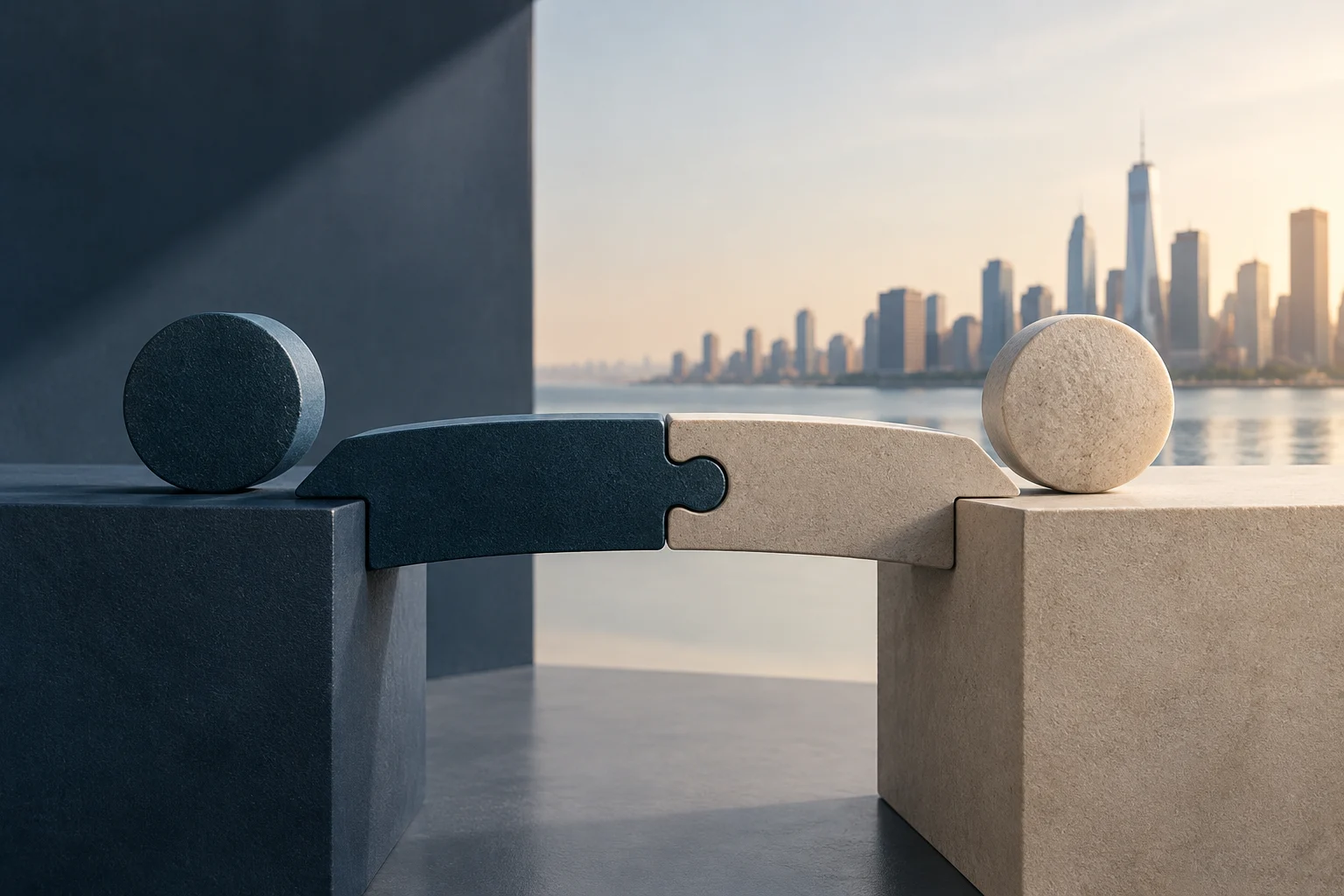 Deux pièces sculpturales, l’une sombre et l’autre claire, s’emboîtent pour former un pont entre des blocs, avec une silhouette urbaine au bord de l’eau en arrière-plan.