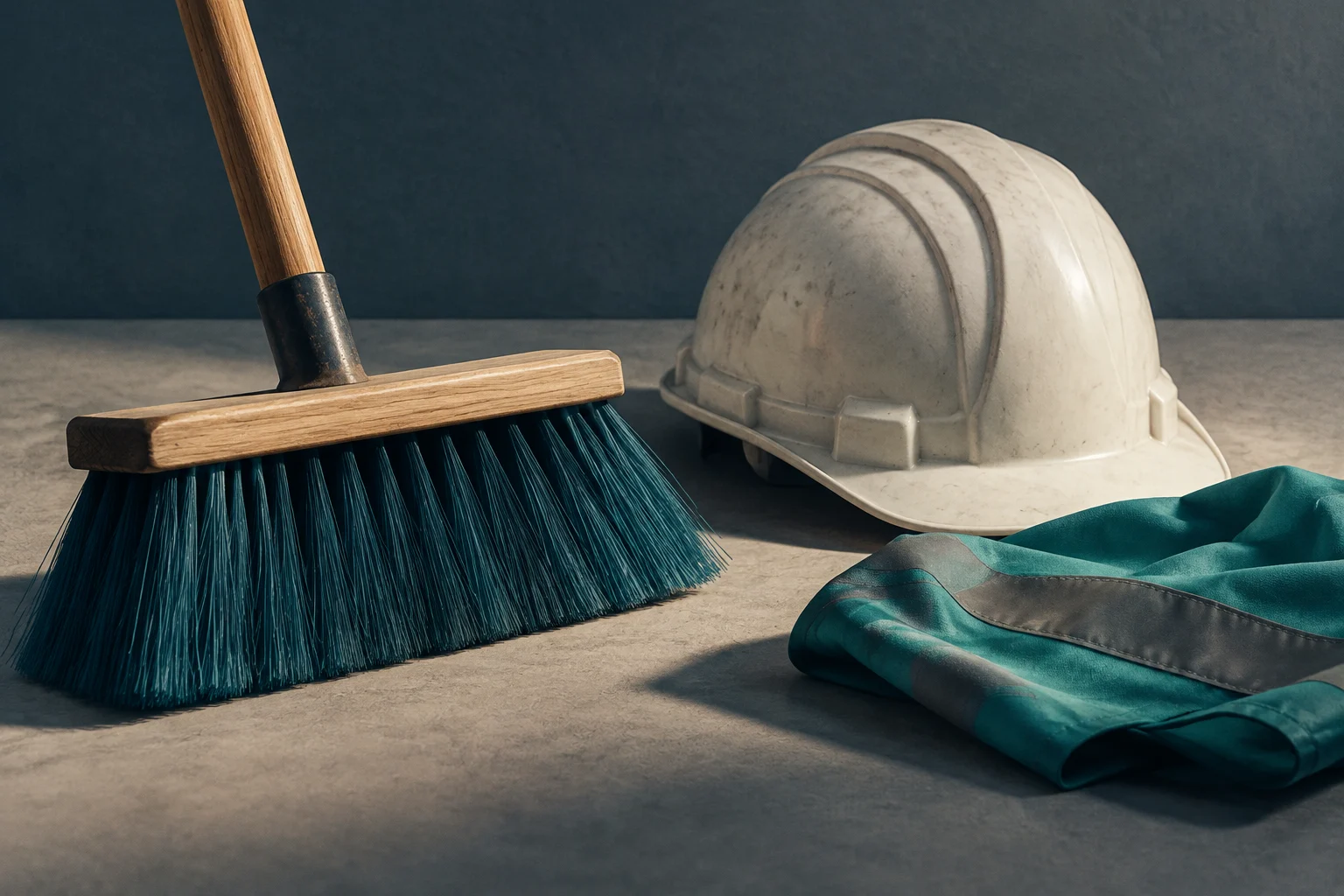 Un balai à poils foncés, un casque de chantier blanc et un vêtement de travail vert posés sur une surface grise.