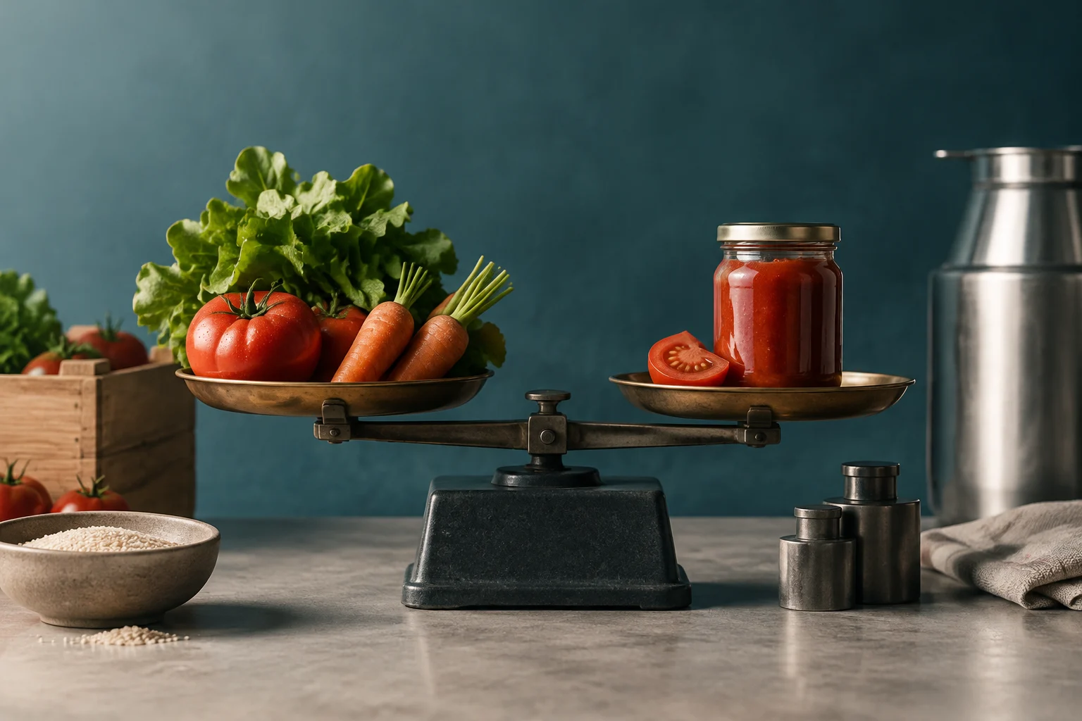 Une vieille balance porte des légumes frais sur un plateau et un pot de sauce tomate accompagné d’une tranche de tomate sur l’autre. On voit aussi des légumes, un bol de grains, des poids et un récipient métallique.