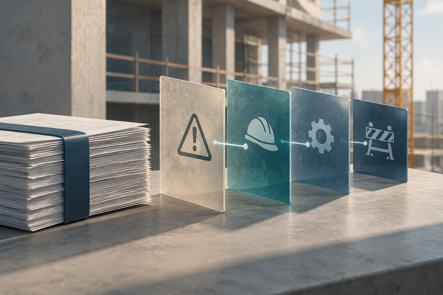 Une pile de documents à côté de panneaux reliés portant des symboles d’avertissement, de casque, d’engrenage et de barrière, devant un chantier de construction.