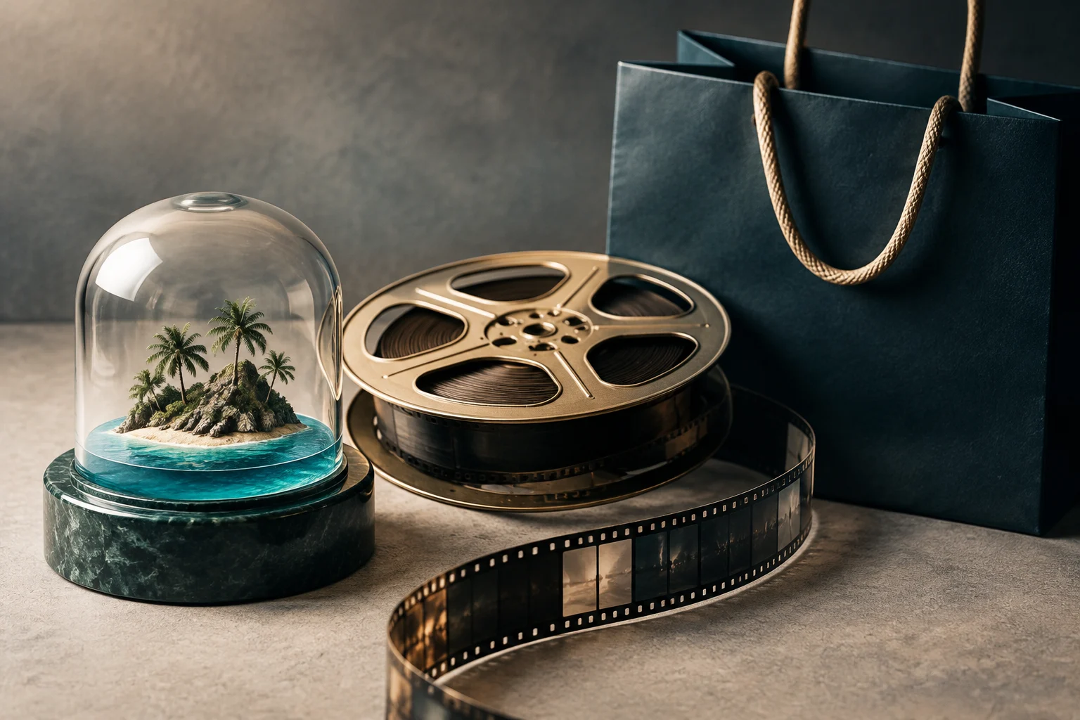 Une bobine métallique et une bande de film près d’un sac de courses sombre ; sous une cloche de verre se trouve une petite île tropicale entourée d’eau.