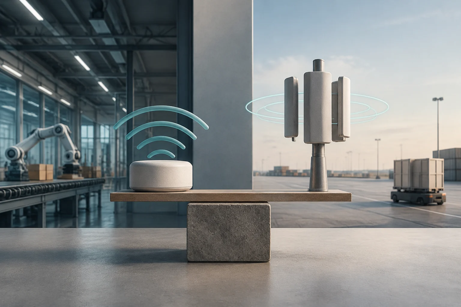 Une balance sépare une scène industrielle : à gauche, un appareil avec des ondes Wi-Fi devant une usine ; à droite, une antenne près d’une cour industrielle où se trouve un véhicule de transport.