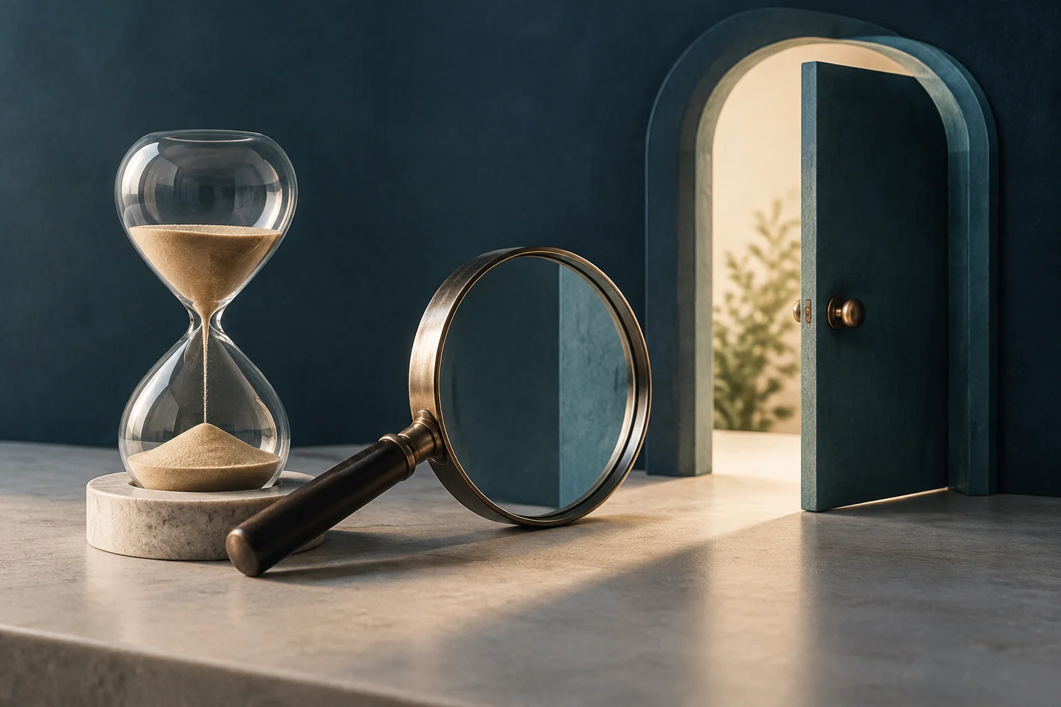 Un sablier en verre et une loupe sont posés sur une table en pierre ; à l’arrière-plan, une porte bleue ouverte laisse entrer une lumière chaude.