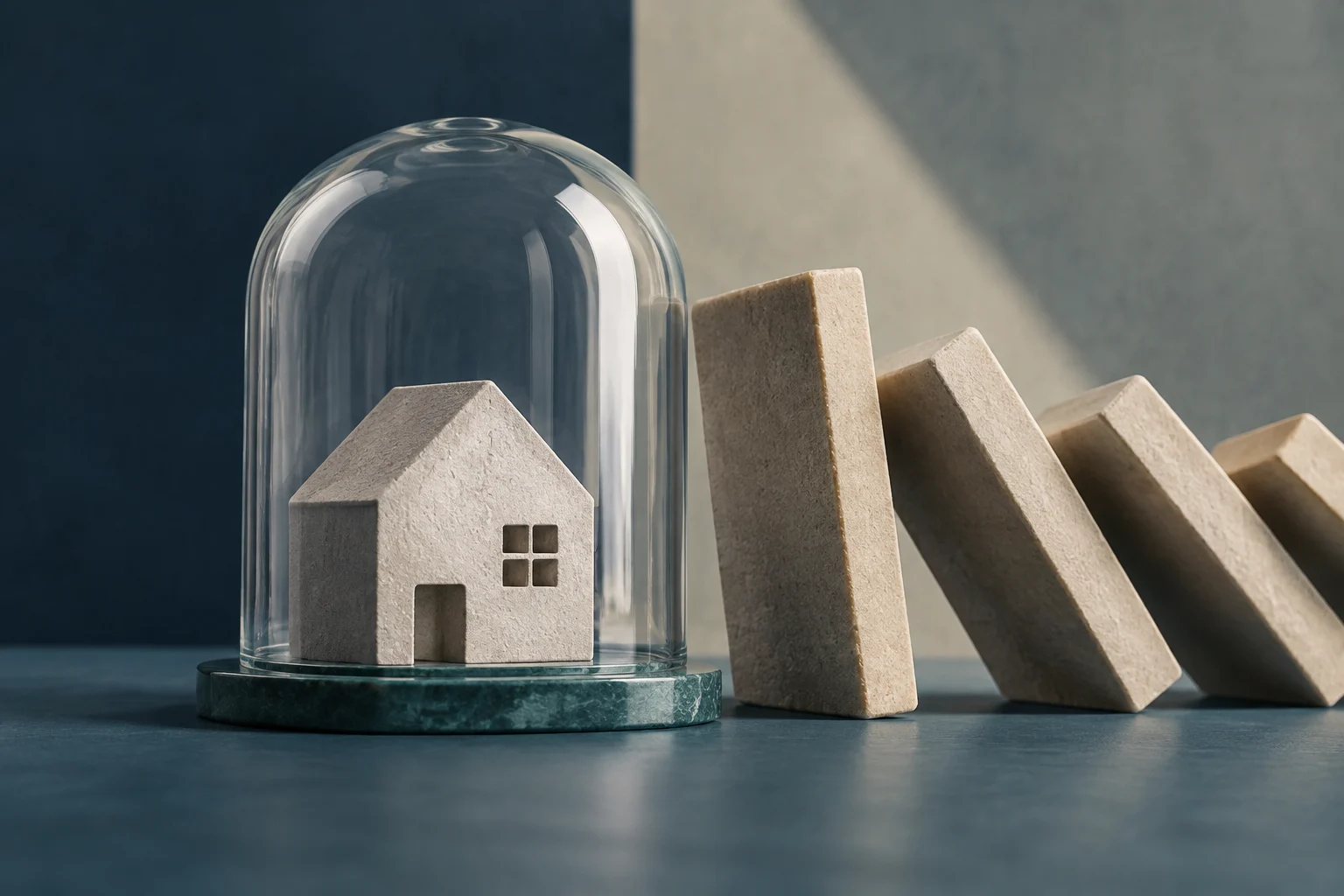 Une petite maison en pierre est protégée sous une cloche en verre, à côté d’une rangée de blocs de pierre qui tombent.