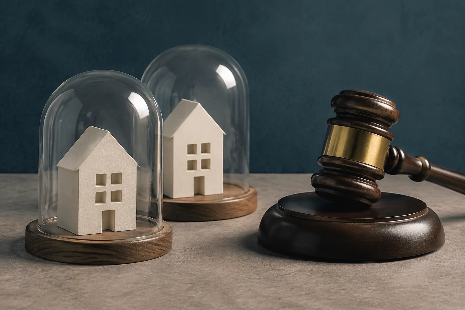 Deux petites maisons blanches sous des cloches en verre posées sur des socles en bois, à côté d’un maillet de juge.
