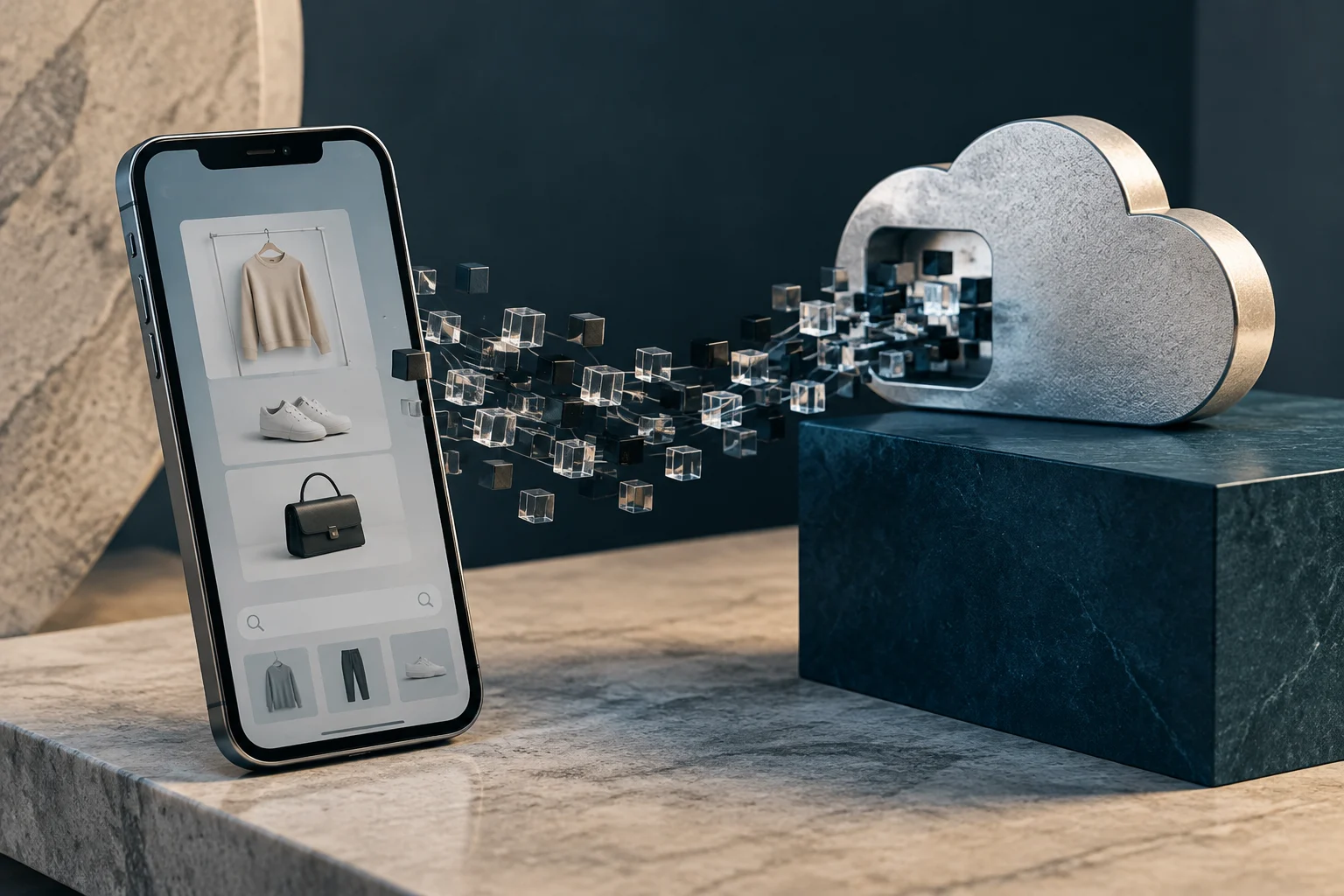 Un téléphone incliné affiche des vêtements et des accessoires dans une application de shopping ; des cubes transparents et sombres se dirigent vers un grand nuage sculptural posé sur un socle.