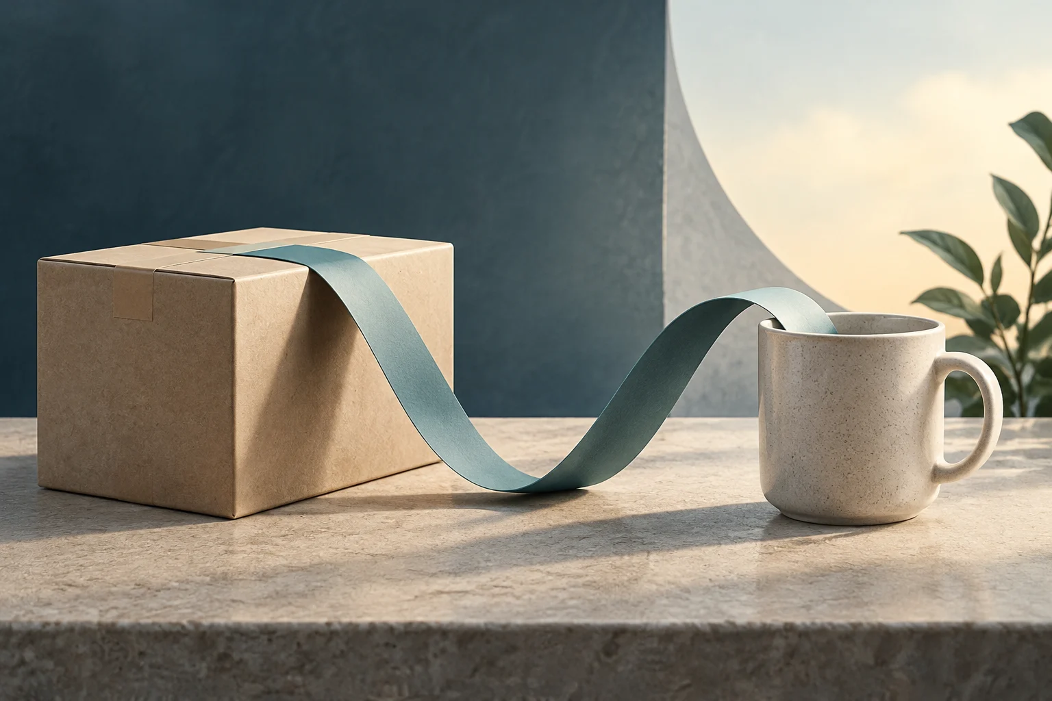 Une boîte en carton et une tasse en céramique reposent sur une table en pierre, reliées par un ruban bleu-vert qui forme une courbe entre elles.