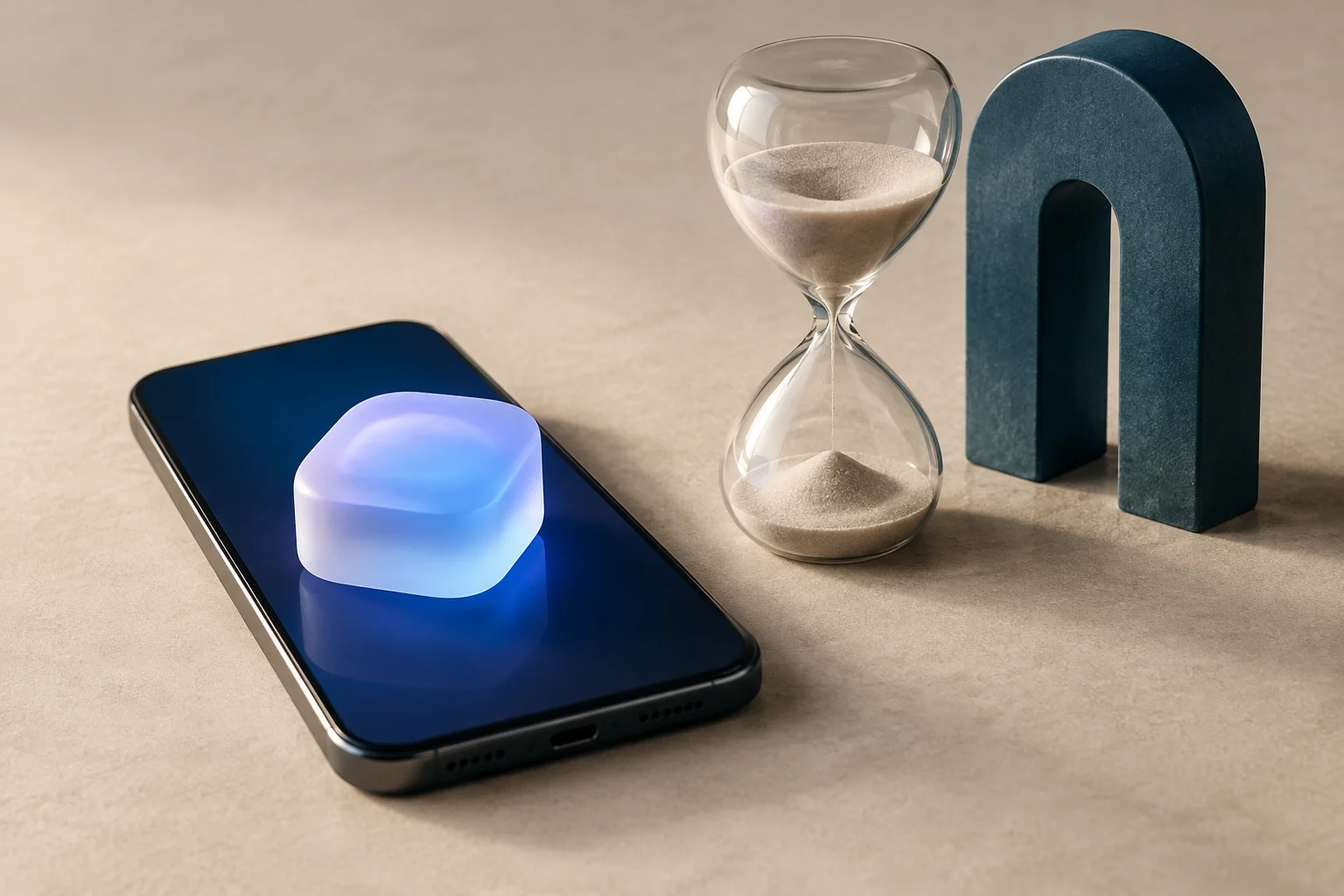 Un téléphone sombre repose sur une surface claire et affiche un objet lumineux bleu et violet. À côté se trouvent un sablier et une arche sombre.