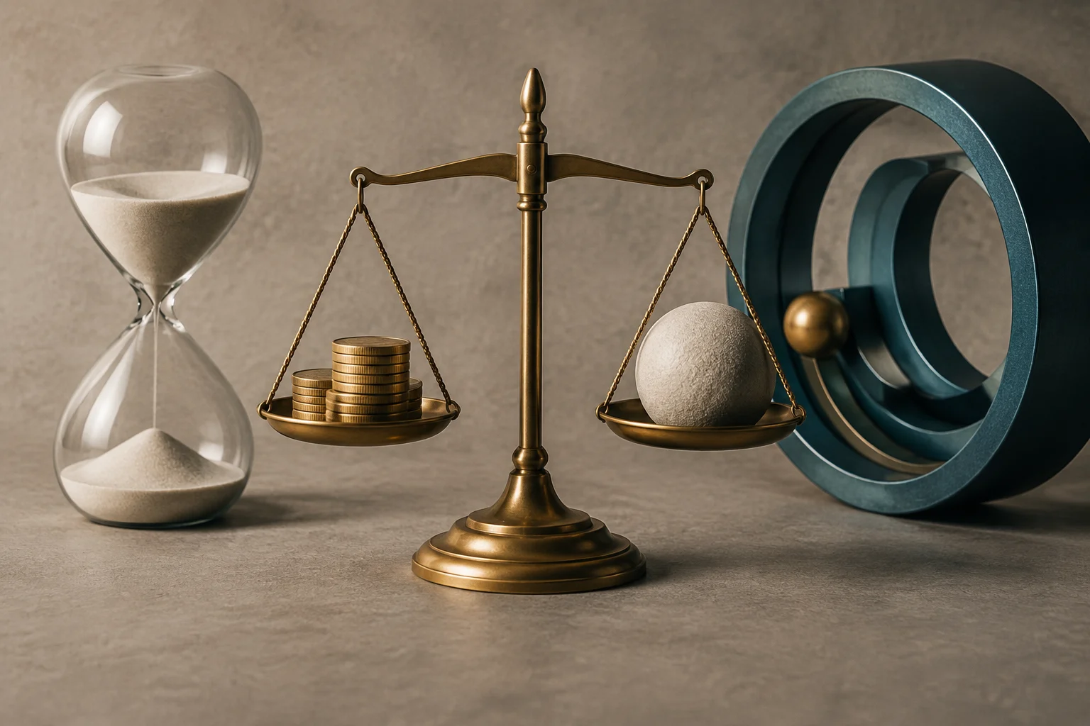 Une balance porte plusieurs pièces sur un plateau et une sphère de pierre sur l’autre ; un sablier se trouve à côté, ainsi que plusieurs anneaux concentriques.