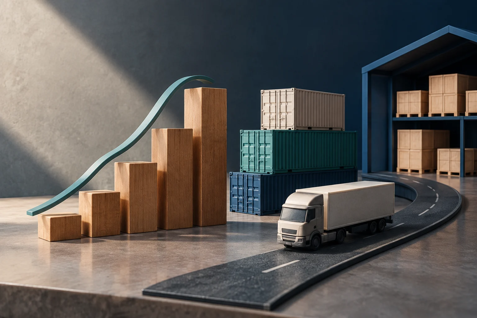 Illustration conceptuelle d’une courbe ascendante près de boîtes de différentes tailles, de conteneurs empilés, d’un camion sur une route sinueuse et d’étagères garnies de boîtes dans un entrepôt.