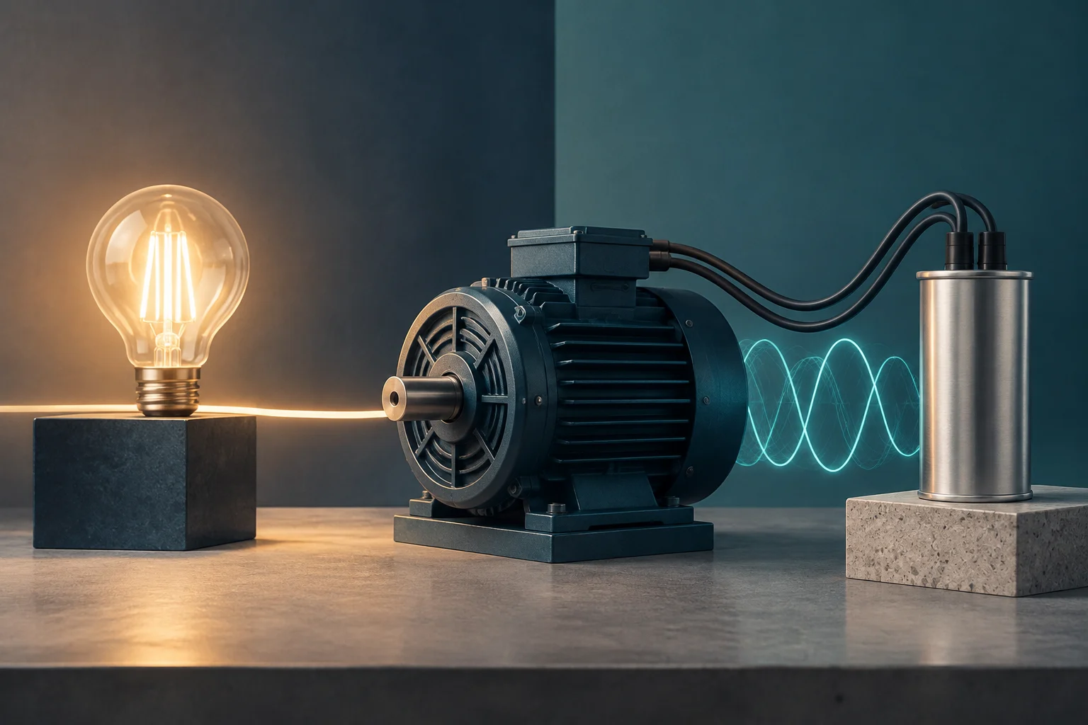 Illustration conceptuelle d'un moteur électrique connecté à un composant métallique cylindrique, avec une ampoule allumée à gauche et une onde sinusoïdale bleue entre le moteur et le composant.