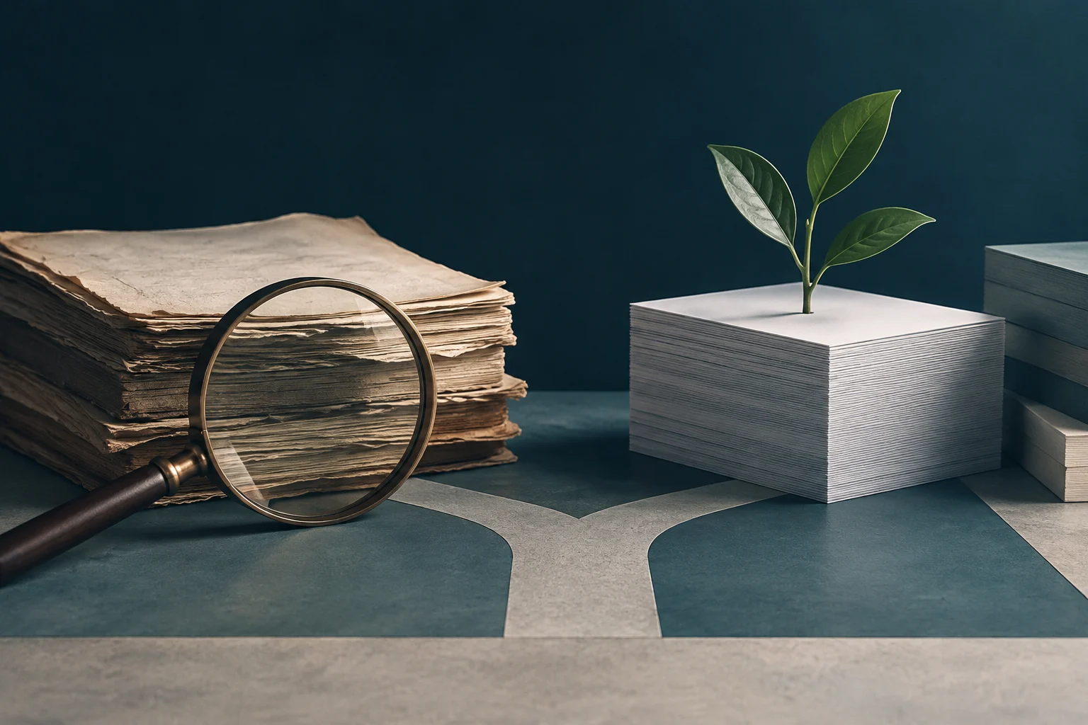 Une loupe examine une pile de feuilles de papier vieillies, à côté d’une pile de pages neuves d’où pousse une petite plante verte.