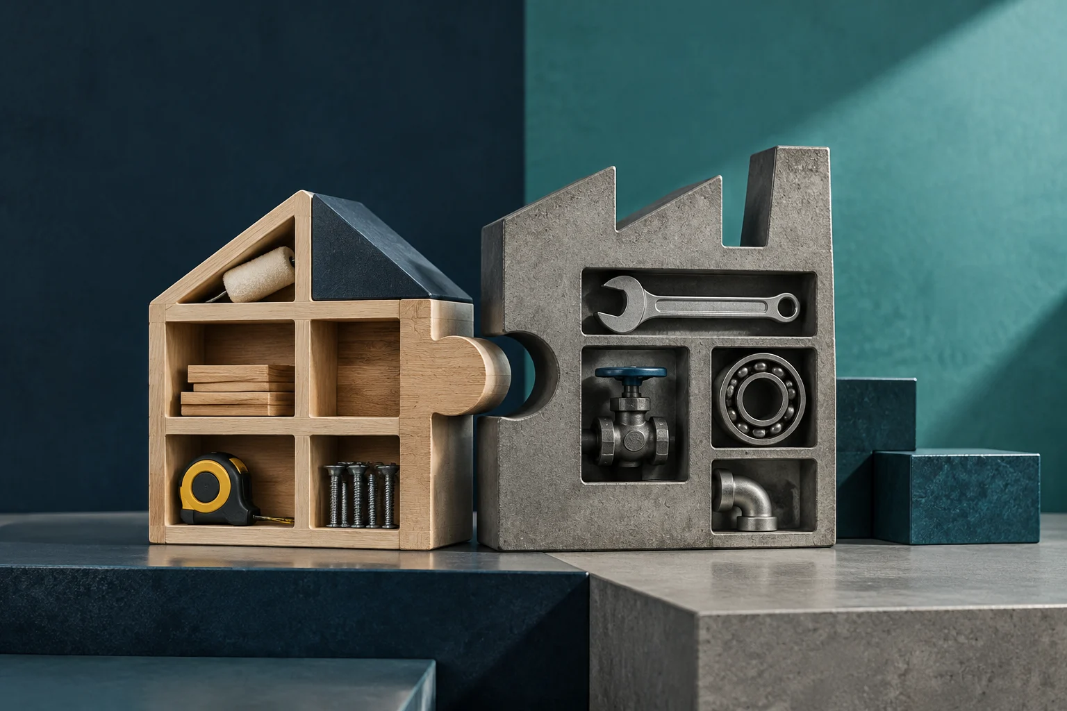 Une structure en bois en forme de maison et une autre en béton en forme d’usine, servant d’étagères à des outils, des vis et des pièces industrielles, s’emboîtent sur des blocs géométriques.
