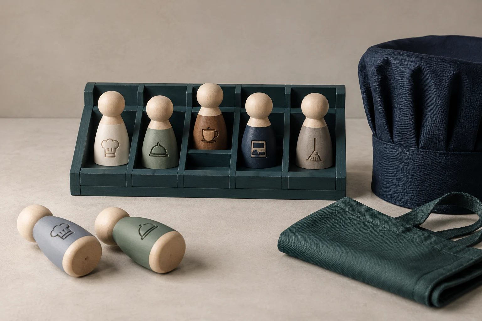Des figurines en bois ornées de symboles de cuisine, de service, de café, de caisse et de nettoyage sont rangées dans des compartiments ; deux autres, avec des symboles de cuisine et de service, sont couchées à côté d’une toque et d’un tablier.