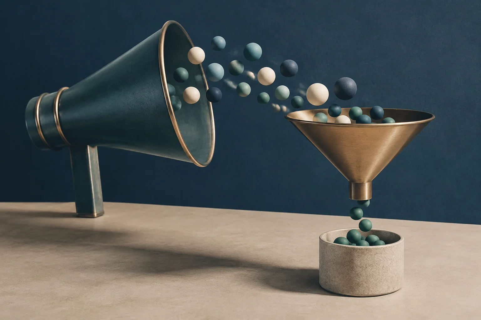 Illustration conceptuelle d'un mégaphone bleu-vert émettant des sphères vers un entonnoir doré, qui les filtre dans un récipient en pierre, représentant l'entonnoir marketing.