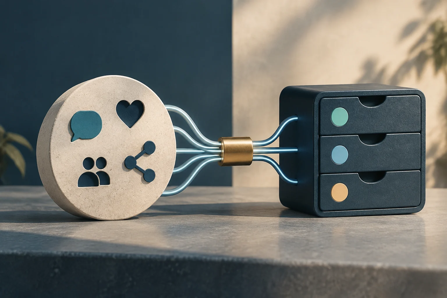 Une pièce circulaire ornée d’icônes de conversation, de cœur, de personnes et de connexions est reliée par des câbles lumineux à un classeur sombre à trois tiroirs.