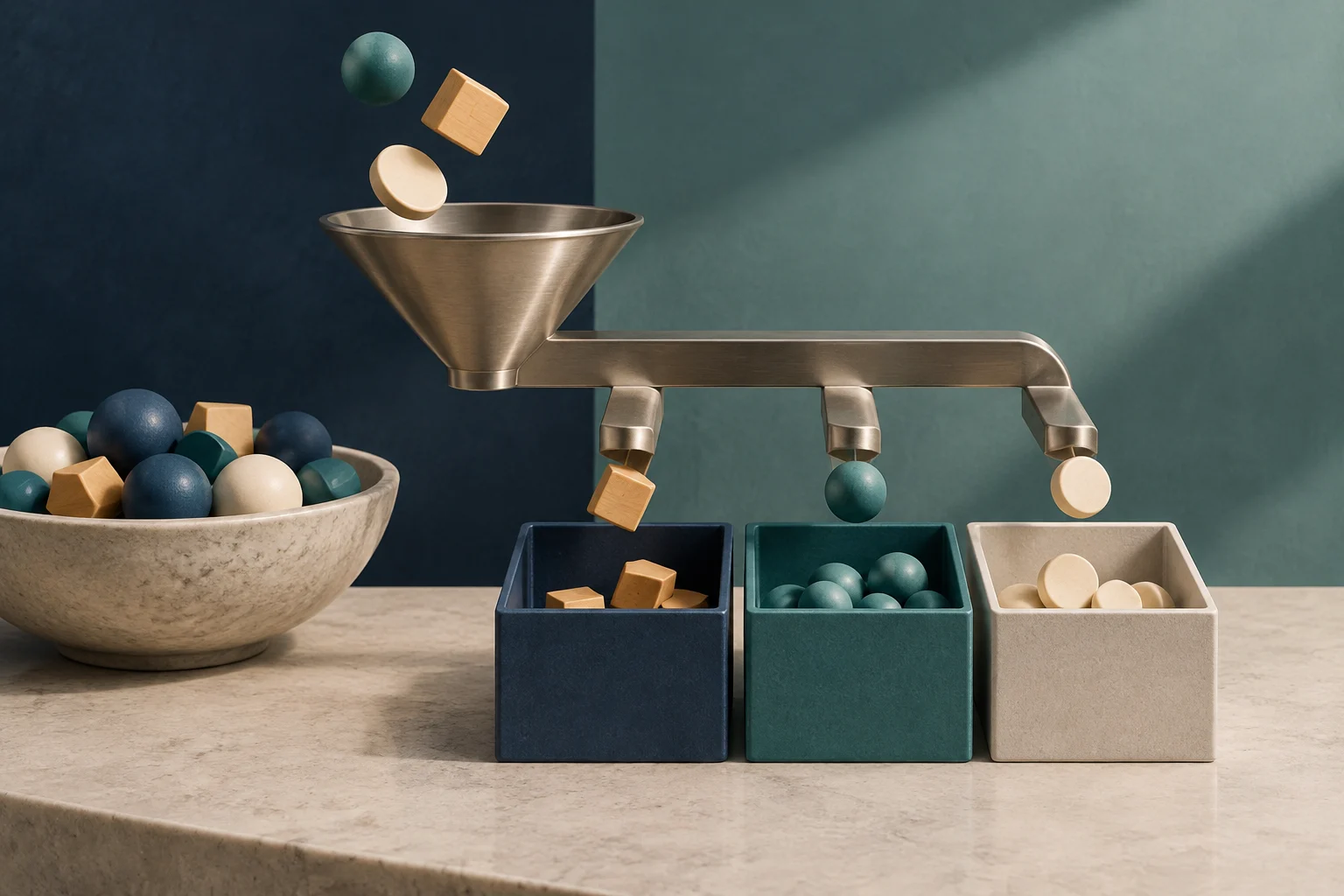 Une trémie métallique répartit des boules, des disques et des cubes de différentes couleurs dans trois récipients distincts, près d’un bol rempli d’autres objets.