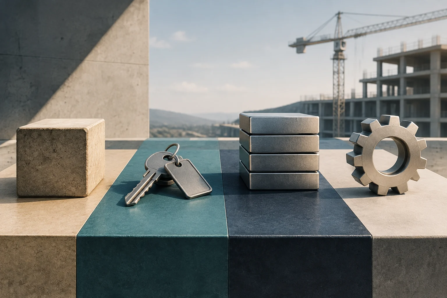 Illustration conceptuelle avec un briquet, un jeu de clés, une pile de pièces et un engrenage métallique sur une surface en béton, avec une grue et un bâtiment en construction à l'arrière-plan.