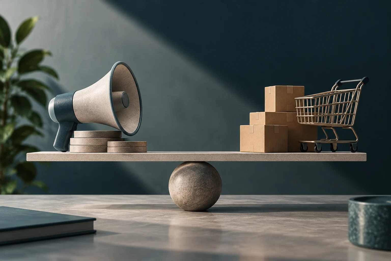 Illustration 3D d'une balance en équilibre sur une sphère. À gauche, un mégaphone et des pièces de monnaie, et à droite, des cartons et un chariot de supermarché.