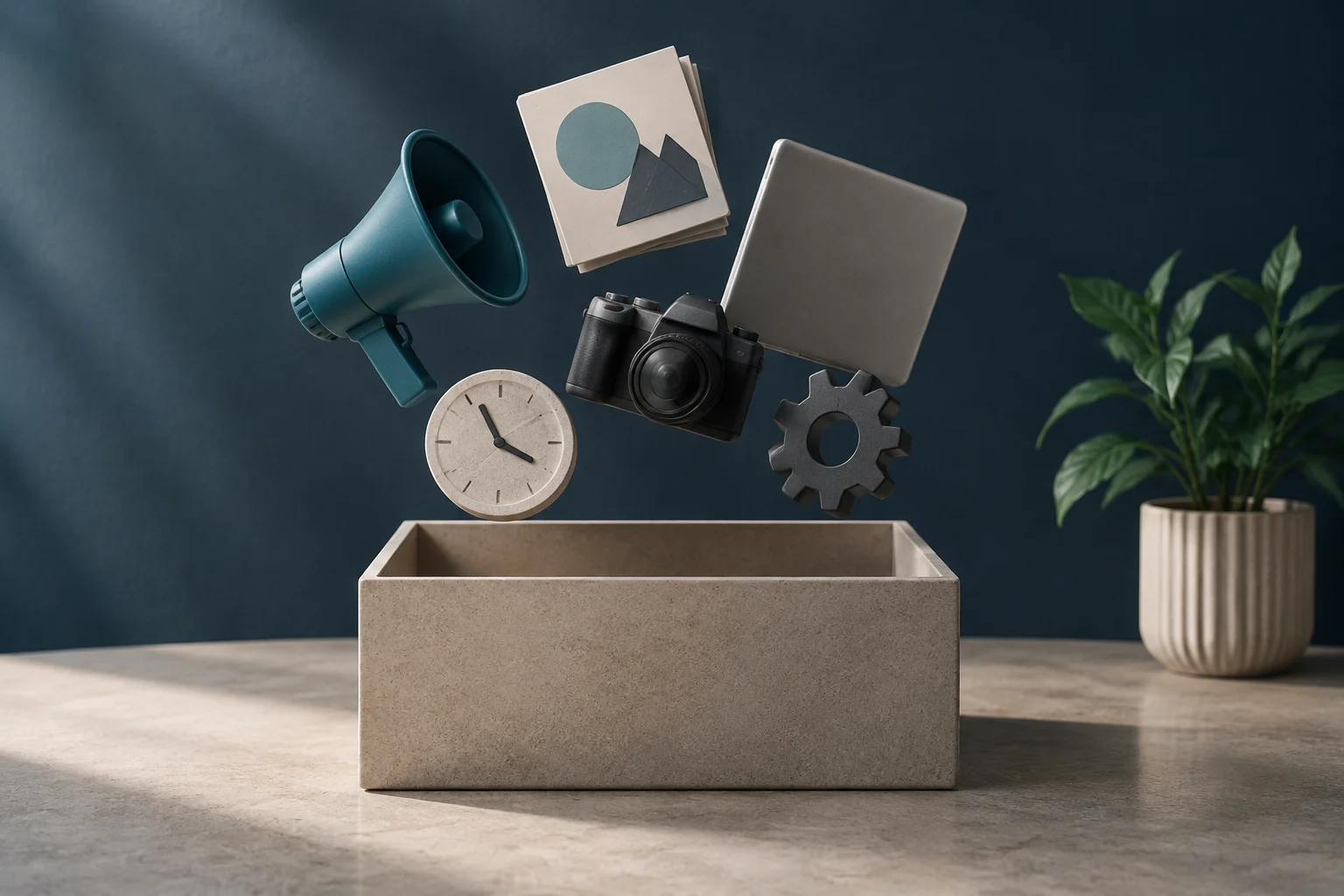 Un mégaphone, un appareil photo, un ordinateur portable, une horloge, un engrenage et des pièces aux formes géométriques sont suspendus au-dessus d’une boîte rectangulaire vide.