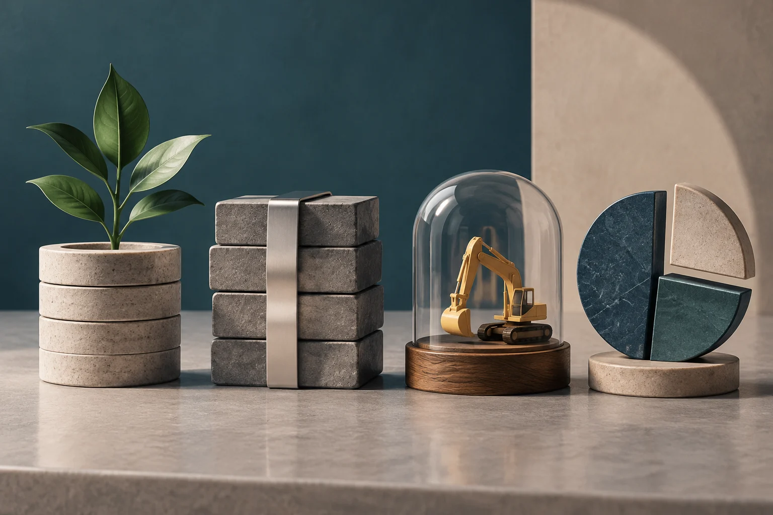 Une plante dans un pot composé de blocs, une pile de blocs maintenus par une sangle, une petite excavatrice sous une cloche de verre et une forme circulaire en pierre divisée en sections, posées sur une table.