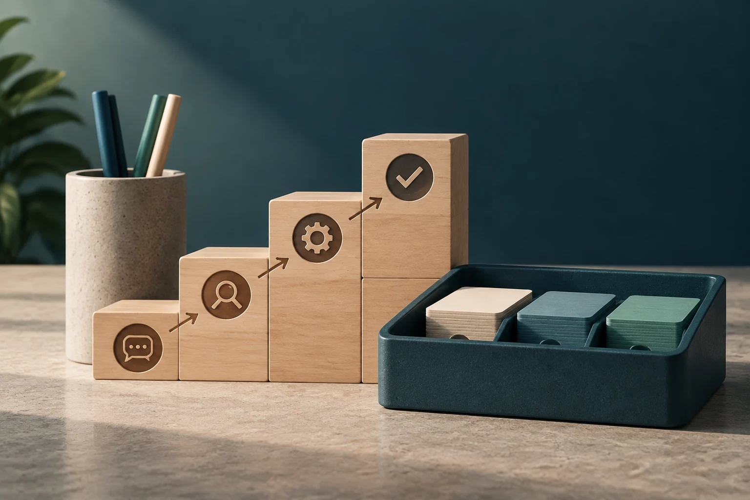 Des blocs de bois empilés en forme d'escalier avec des icônes gravées de bulle de chat, loupe, engrenage et coche, à côté d'un organisateur de bureau avec des cartes et un porte-stylos sur une table en pierre.