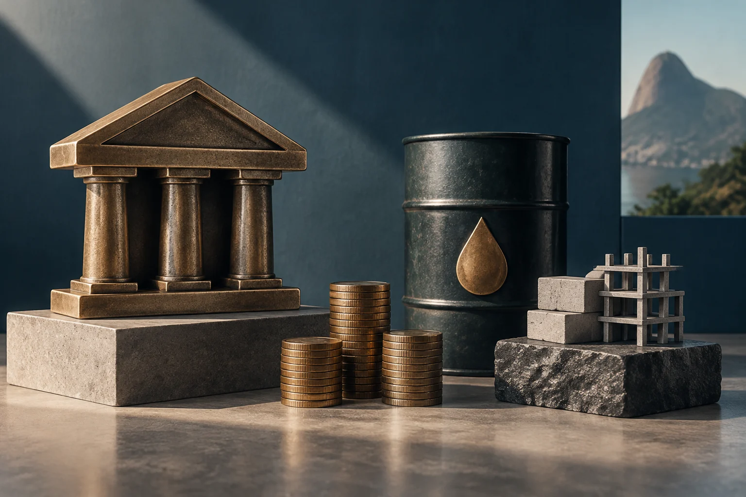 Un modèle de banque en bronze à colonnes, des piles de pièces dorées, un tonneau sombre avec une goutte dorée et un petit bâtiment en construction sur des blocs de pierre, avec une montagne visible en arrière-plan par une fenêtre.