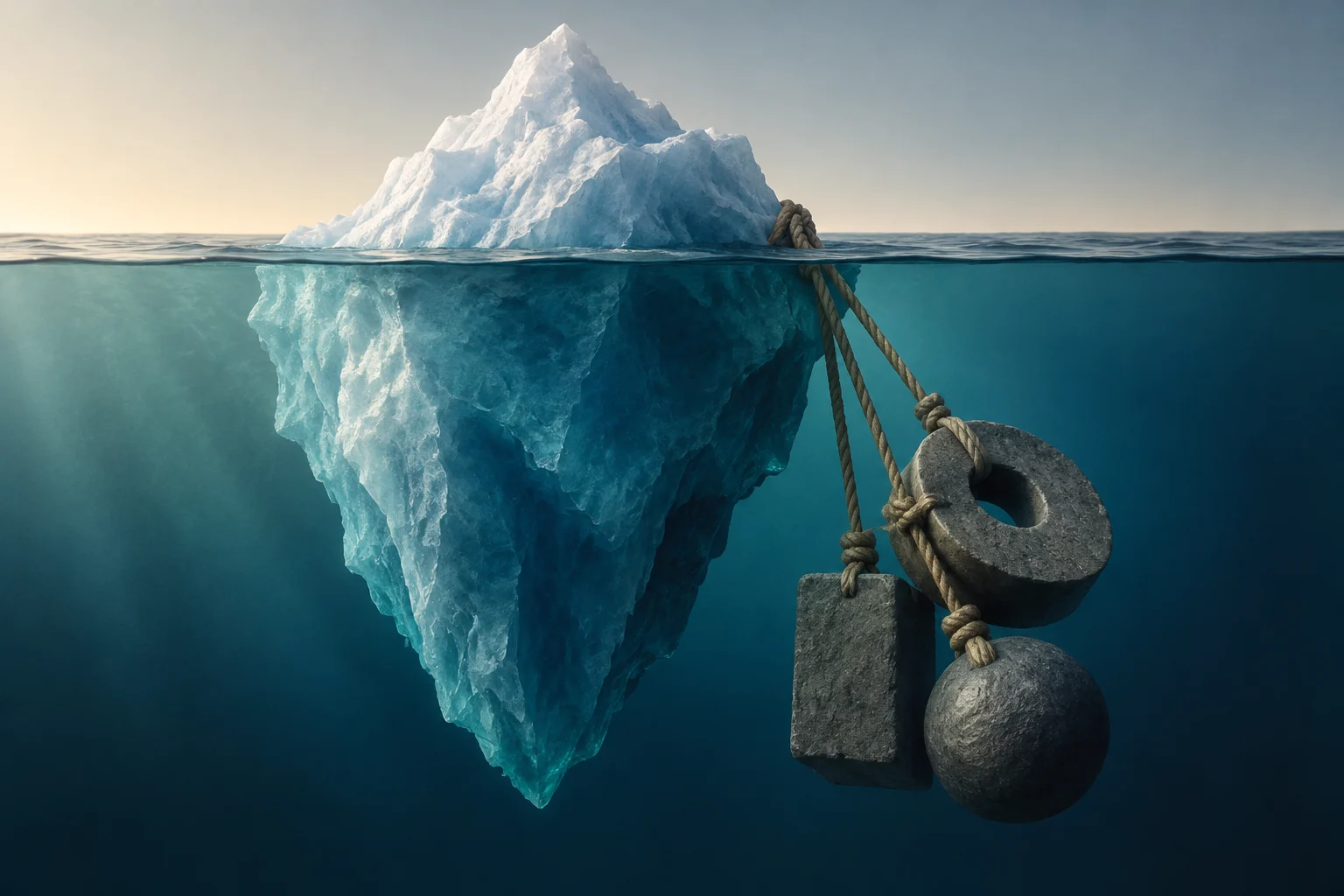 Un iceberg émerge de la mer, avec une grande masse immergée sous la surface. Plusieurs pierres attachées par des cordes pendent sous l’eau à côté.